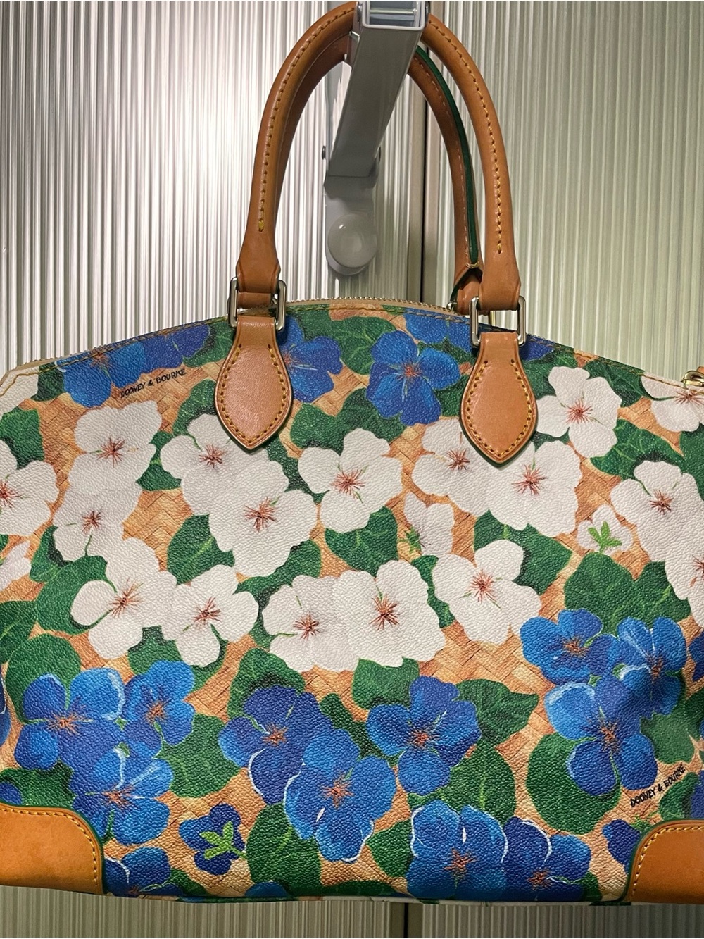 Dooney & Bourke satchel blue & white Pansies with a basket weave background. - Picture 8 of 15
